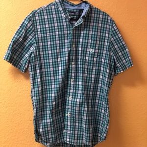 Chaps multicolored button up short sleeve shirt.